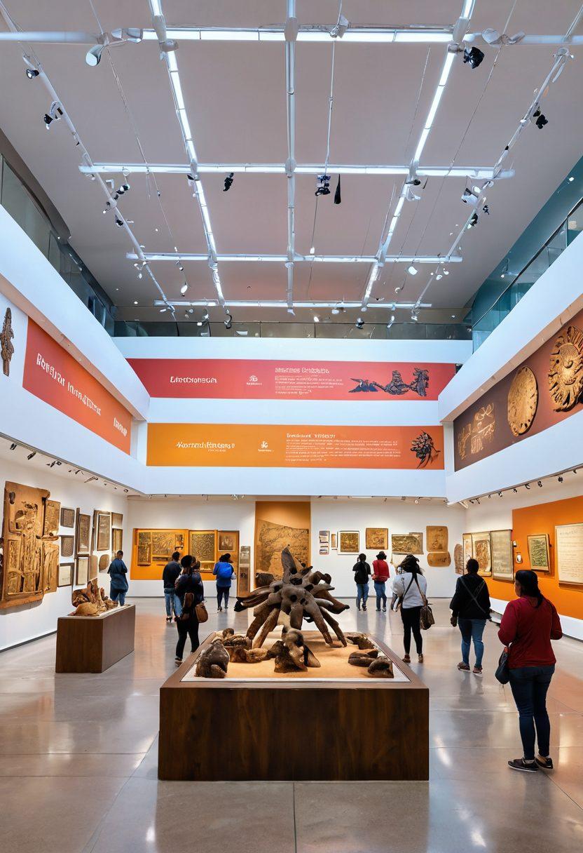 A vibrant museum interior showcasing diverse cultural exhibits, featuring ancient artifacts, indigenous art, and interactive displays. Visitors of various backgrounds engaging with the exhibits, a guide explaining the history, and educational panels enriching the experience. Bright, inviting colors with an emphasis on cultural diversity. super-realistic. vibrant colors. white background.