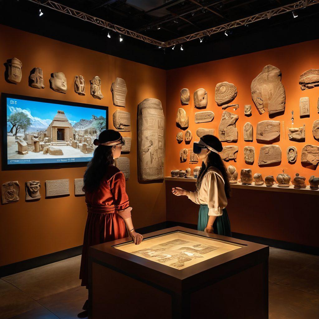A vibrant museum setting showcasing diverse historical artifacts, with visitors engaging interactively through touchscreen displays and virtual reality headsets. Include artifacts like ancient pottery, scrolls, and costumes, all illuminated with warm lighting. The atmosphere should feel immersive and inviting, highlighting the blend of technology and history. super-realistic. vibrant colors. soft focus.