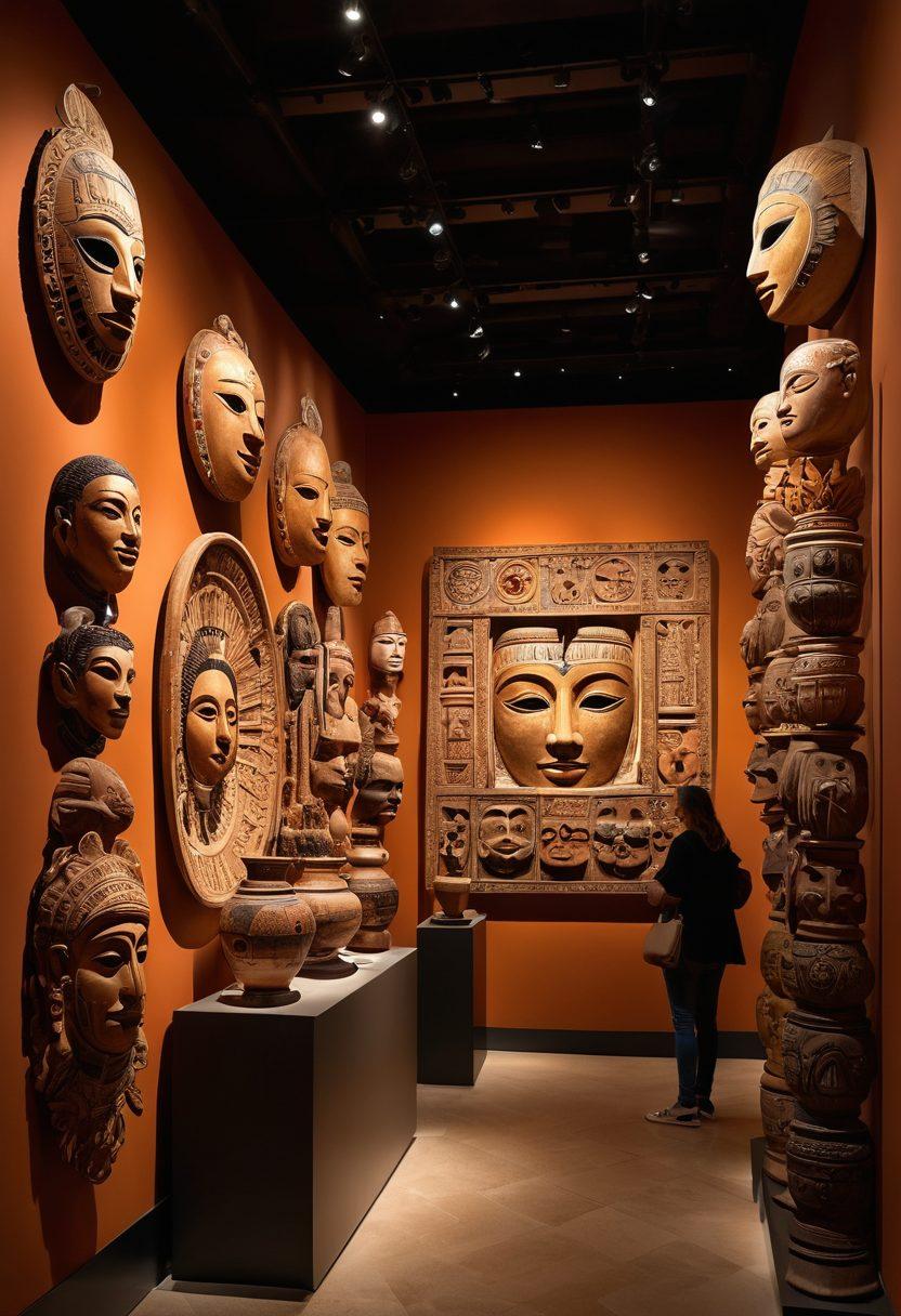 A captivating and vibrant museum interior filled with diverse cultural artifacts from around the world, showcasing intricate details of historical items such as masks, pottery, and textiles. Visitors of various backgrounds are engaged in thoughtful discussions, while warm lighting casts an inviting glow on the exhibits, fostering a sense of connection to heritage. The atmosphere should evoke a sense of wonder and exploration. super-realistic. vibrant colors. 3D.